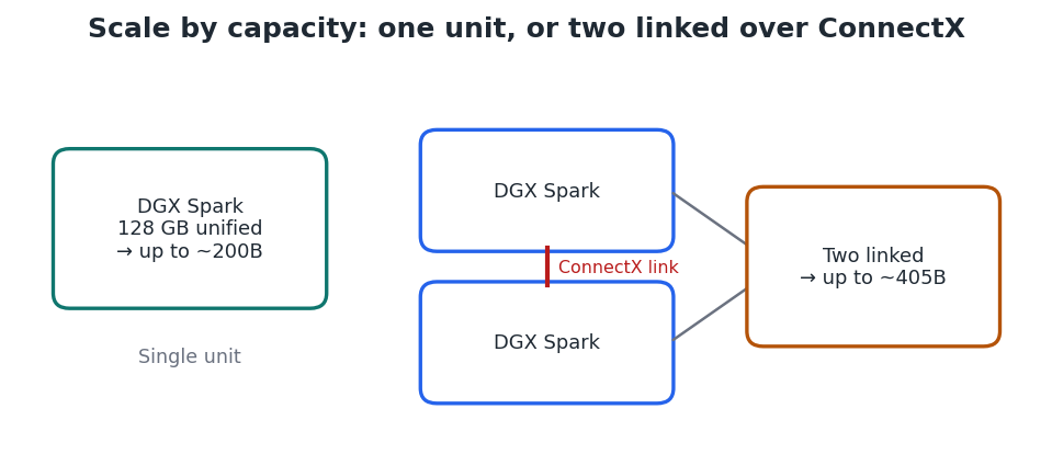 Figure 2 — Two units linked over ConnectX networking extend capacity to models around 405B parameters.